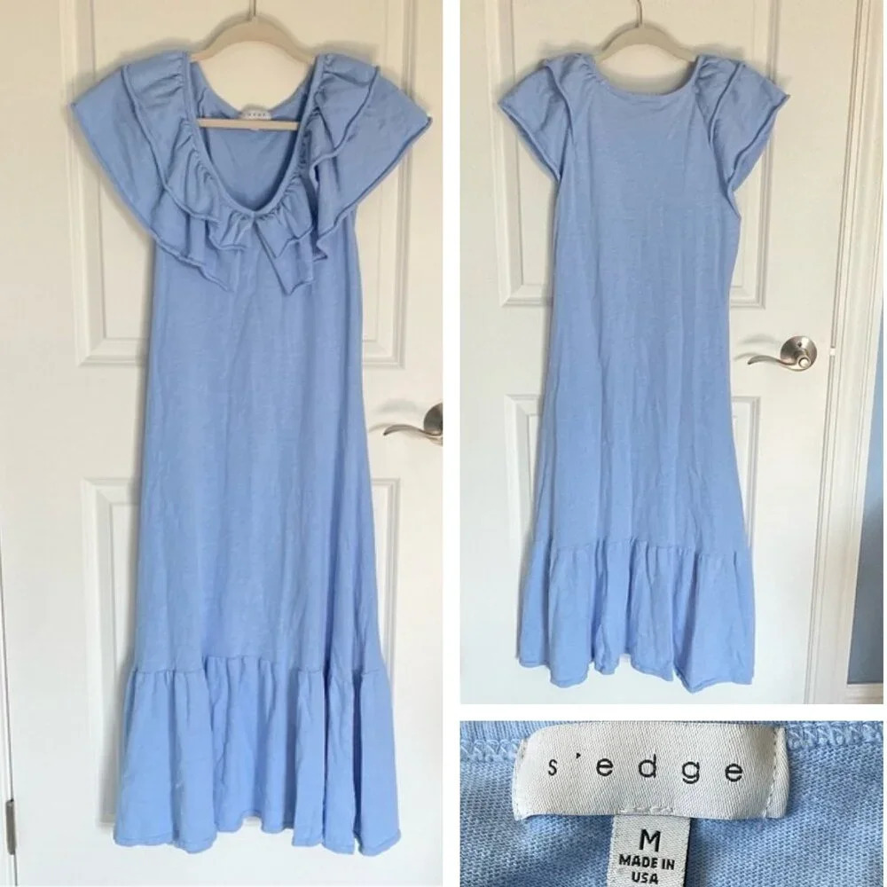 S'edge Blue Cotton Knit Ruffled Midi Dress - 29789